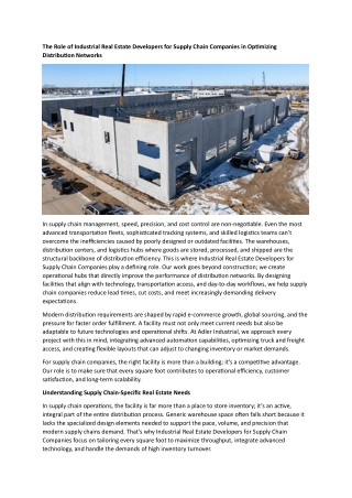 Industrial Real Estate Developers For Supply Chain Companies