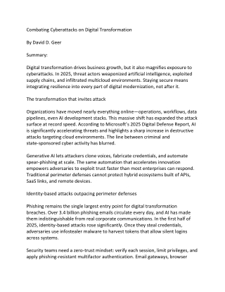 Combating Cyberattacks on Digital Transformation by David D Geer