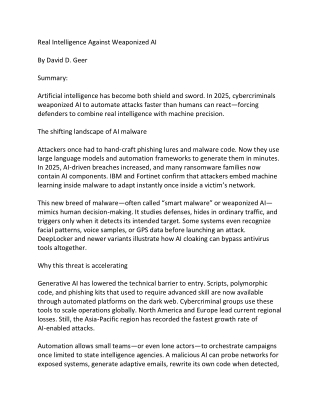 Real Intelligence Against Weaponized AI by David D Geer