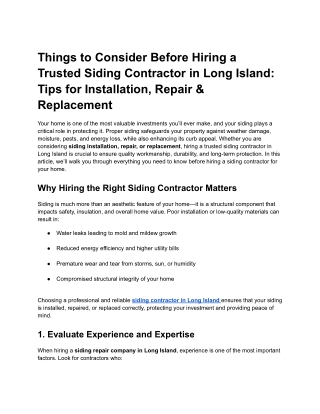 Things to Consider Before Hiring a Trusted Siding Contractor in Long Island
