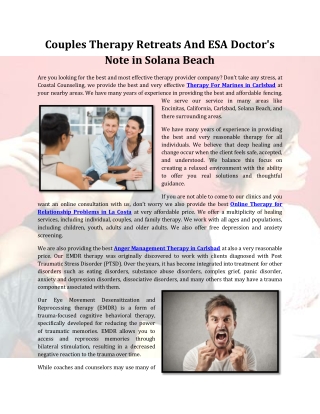Couples Therapy Retreats And ESA Doctor's Note in Solana Beach
