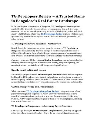TG Developers Review – A Trusted Name in Bangalore’s Real Estate Landscape