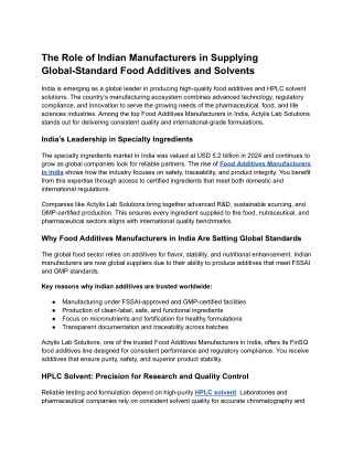 The Role of Indian Manufacturers in Supplying Global-Standard Food Additives and Solvents