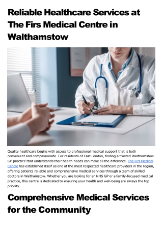 Reliable Healthcare Services at The Firs Medical Centre in Walthamstow