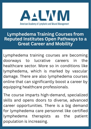 Lymphedema Training Courses from Reputed Institutes Open Pathways to a Great Career and Mobility