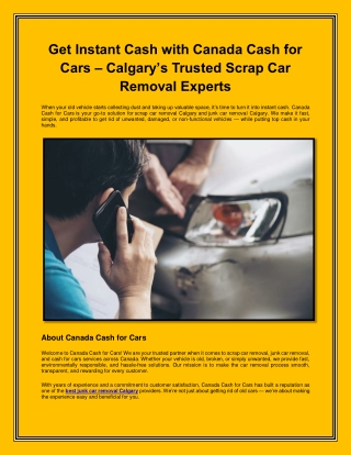 Get Instant Cash with Canada Cash for Cars – Calgary’s Trusted Scrap Car Removal