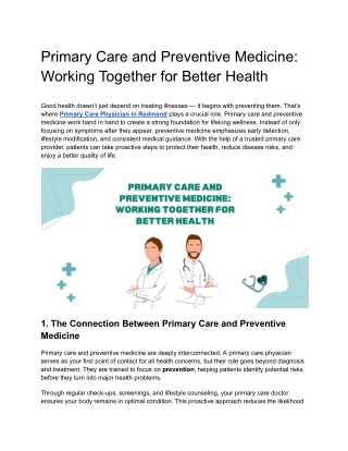 Primary Care and Preventive Medicine Working Together for Better Health