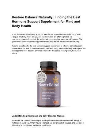 Restore Balance Naturally_ Finding the Best Hormone Support Supplement for Mind and Body Health