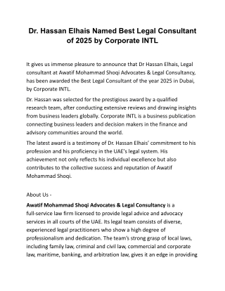 Dr. Hassan Elhais Named Best Legal Consultant of 2025 by Corporate INTL
