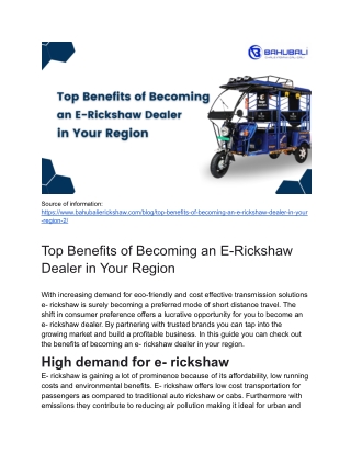 Top Benefits of Becoming an E-Rickshaw Dealer in Your Region