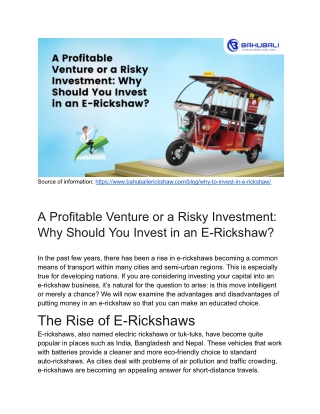 A Profitable Venture or a Risky Investment_ Why Should You Invest in an E-Rickshaw
