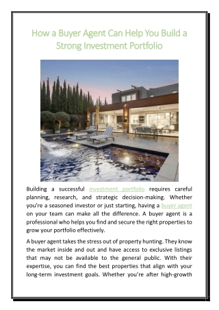 How a Buyer Agent Can Help You Build a Strong Investment Portfolio