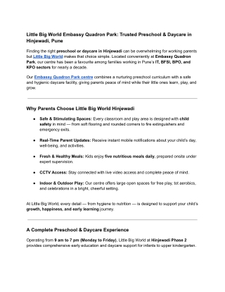 Little Big World Embassy Quadron Park_ Trusted Preschool & Daycare in Hinjewadi, Pune