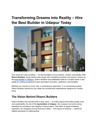 Transforming Dreams into Reality – Hire the Best Builder in Udaipur Today