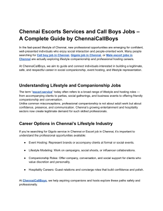 Chennai Escorts Services and Call Boys Jobs