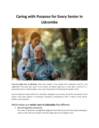 Caring with Purpose for Every Senior in Lidcombe