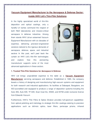 Vacuum Equipment Manufacturer to the Aerospace & Defense Sector Inside HHV Ltd’s Thin-Film