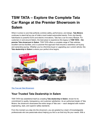 TSW TATA – Explore the Complete Tata Car Range at the Premier Showroom in Salem
