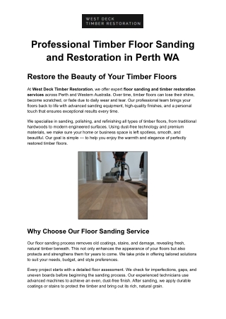 Professional Timber Floor Sanding and Restoration in Perth WA
