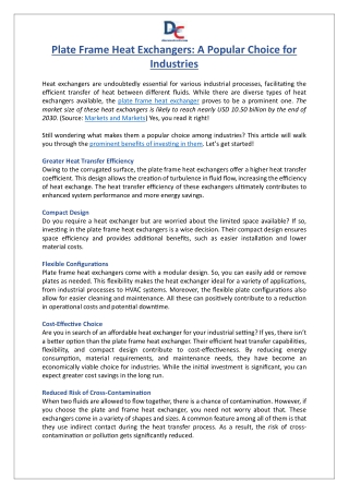 Plate Frame Heat Exchangers- A Popular Choice for Industries