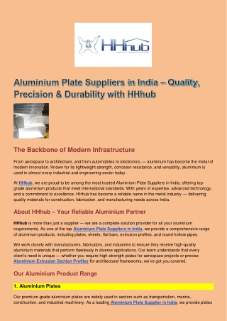 Aluminium Plate Suppliers in India – Quality, Precision & Durability with HHhub
