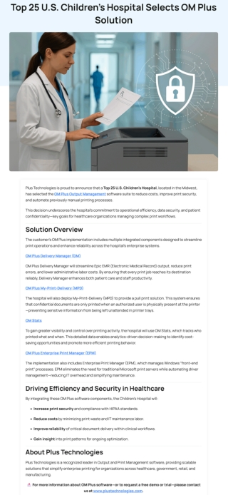 Top 25 U.S. Children’s Hospital Selects OM Plus Solution