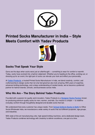 Printed Socks Manufacturer in India – Style Meets Comfort with Yadav Products