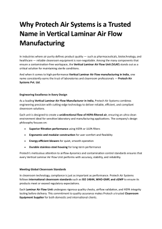 Vertical Laminar Air Flow Unit | Cleanroom Equipment Manufacturer – Protech Air