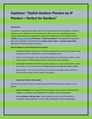 Explainer: “Stylish Outdoor Planters by JP Planters – Perfect for Gardens”