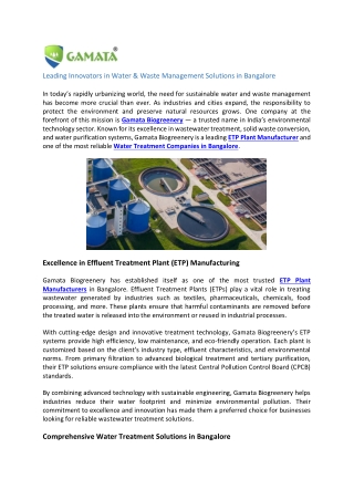 Leading Innovators in Water treatment plants