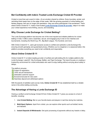 Bet Confidently with India’s Trusted Lords Exchange Cricket ID Provider