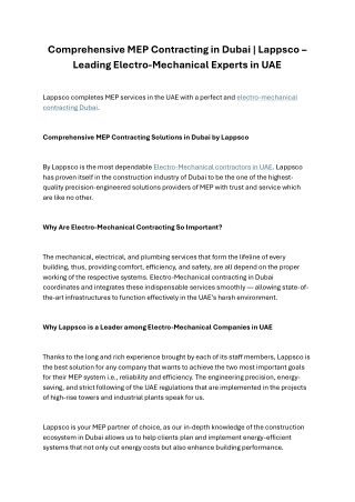 Comprehensive‍‌‍‍‌‍‌‍‍‌ MEP Contracting in Dubai  Lappsco – Leading Electro-Mechanical Experts in UAE