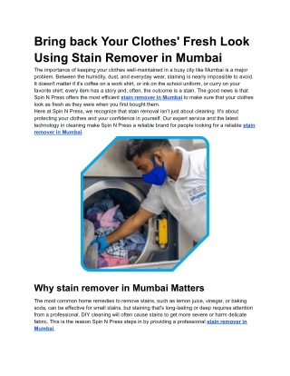Bring back Your Clothes' Fresh Look Using Stain Remover in Mumbai