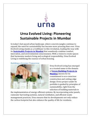 Urna Evolved Living Pioneering Sustainable Projects in Mumbai
