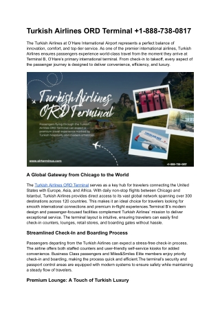 Turkish Airlines ORD Terminal  1-888-738-0817