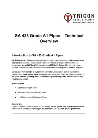SA 423 Grade A1 Pipes Stockists
