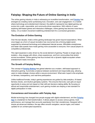 Fairplay: Shaping the Future of Online Gaming in India