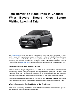Tata Harrier on Road Price in Chennai – What Buyers Should Know Before Visiting Lakshmi Tata