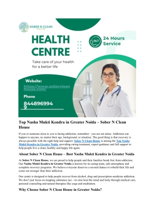 Top Nasha Mukti Kendra in Greater Noida | Best De-Addiction Centre – Sober N Cle