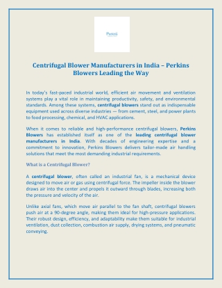 Centrifugal Blower Manufacturers in India  Perkins Blowers Leading the Way