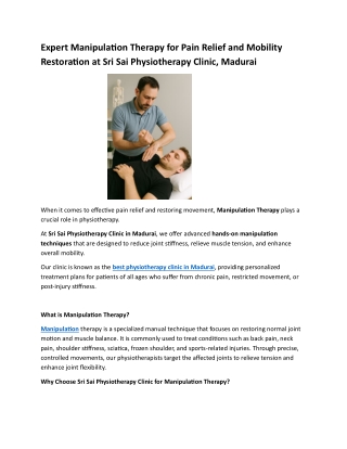 Expert Manipulation Therapy for Pain Relief and Mobility Restoration at Sri Sai Physiotherapy Clinic