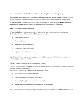 Valuation for Final Settlement in Chennai