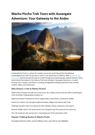 Explore Machu Picchu Trek Tours | Epic Journeys by Ausangate Adventure