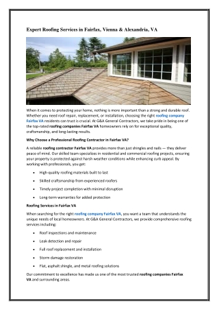 Expert Roofing Services in Fairfax Vienna & Alexandria VA