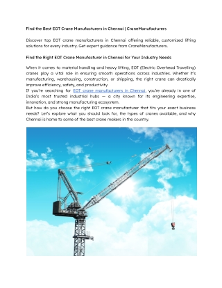 EOT Crane Manufacturers in Chennai  CraneManufacturers