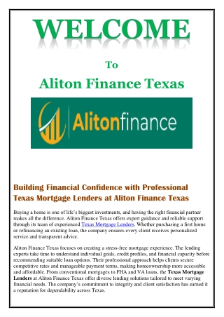 Building Financial Confidence with Professional Texas Mortgage Lenders at Aliton Finance Texas