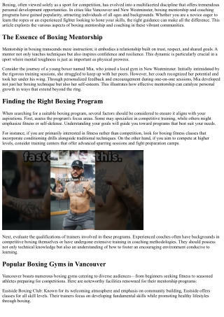 Boxing Mentorship and Coaching Programs in Vancouver and New West