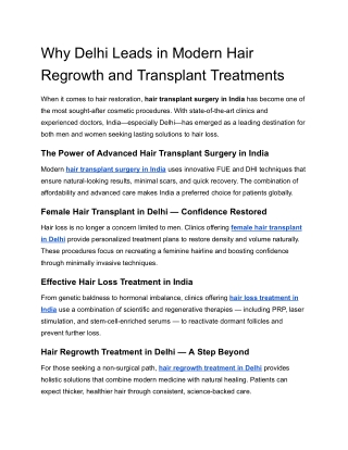 Why Delhi Leads in Modern Hair Regrowth and Transplant Treatments