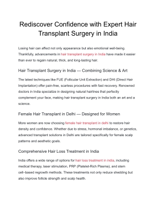 Rediscover Confidence with Expert Hair Transplant Surgery in India