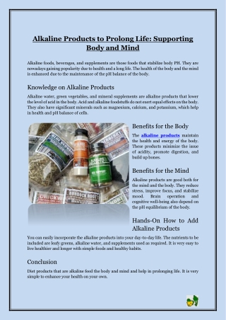 Alkaline Products to Prolong Life- Supporting Body and Mind